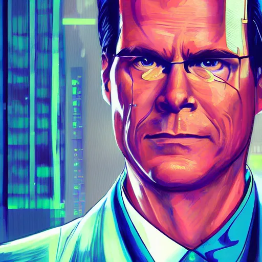 Prompt: cyberpunk mark rutte as the leader of a futuristic communist society, cybernetics, sharp lines, digital, artstation, colored in