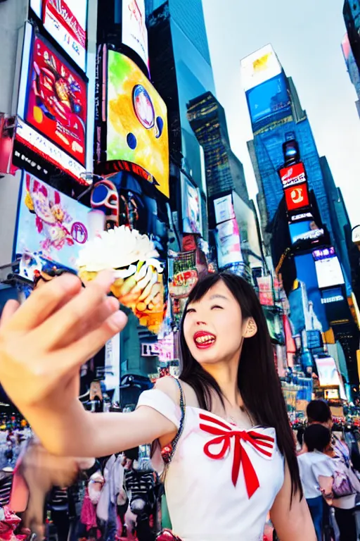 Image similar to Beautiful Japanese Woman in Sailor Moon costume eating an ice-cream cone, standing for a selfie, New York Time Square, high detail, ultra-realistic