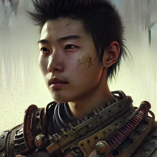 Prompt: portrait painting of a post - apocalyptic japanese young man wearing rusty samurai armor, ultra realistic, concept art, intricate details, eerie, highly detailed, photorealistic, octane render, 8 k, unreal engine. art by artgerm and greg rutkowski and charlie bowater and magali villeneuve and alphonse mucha