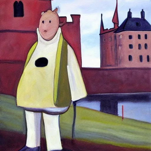 Prompt: painting by larsson, cow, dressed, anthropomorphic!!, wearing!!! clothes!!!, standing next to royal castle!!!