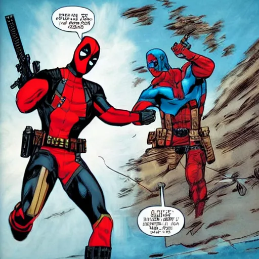 Image similar to Peacemaker battling Deadpool, Marvel, DC, comic book panels, superhero,