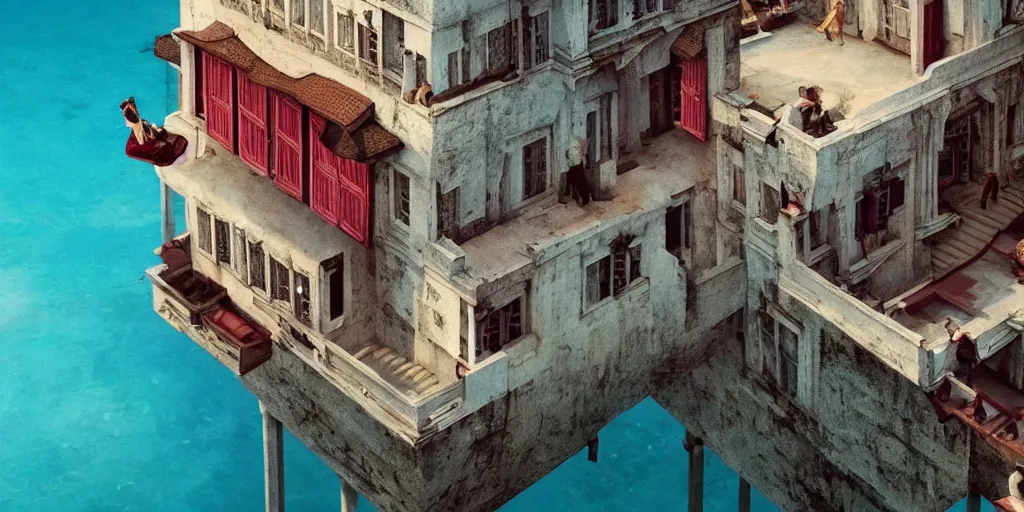 Image similar to a very high resolution image from a new movie, upside - down old temple, beautiful scenery, photorealistic, photography, directed by wes anderson