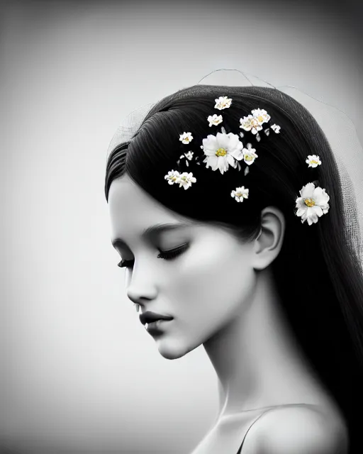 Image similar to black and white dreamy young beautiful veiled female artificial intelligence, realistic flowers ornament in the face, long hair are intricate with highly detailed realistic flowers, cinematic, rim light, bokeh, photo - realistic, elegant, high detail, 8 k, masterpiece, photo taken in 1 9 3 0