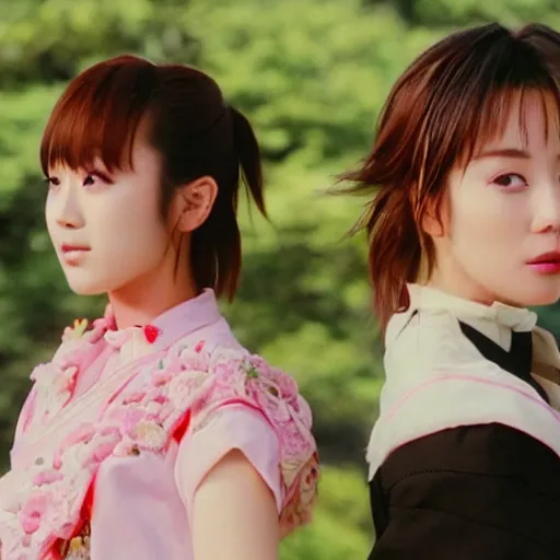 Image similar to 1990s, unbelievably beautiful, perfect, dynamic, epic, cinematic 8K HD movie shot of two semi-close-up japanese beautiful cute young J-Pop idols actresses girls, they express joy and posing together. By a Chinese movie director. Motion, VFX, Inspirational arthouse, high budget, hollywood style, at Behance, at Netflix, with Instagram filters, Photoshop, Adobe Lightroom, Adobe After Effects, taken with polaroid kodak portra