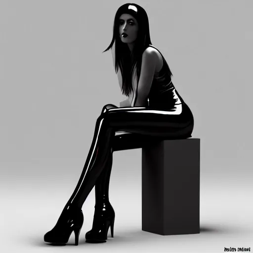 Image similar to feminine hot pale goth woman with tight curvy shiny outfit, photorealistic, sublime, relaxed posture, sitting legs crossed, 16k, smooth, sharp focus, cgsociety, ArtStation, volumetric lighting