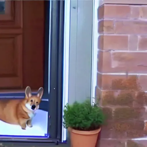 Prompt: front door security camera footage of a corgi mistaken as a delivery package