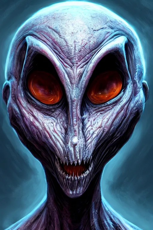 Image similar to Portrait of a Scary Alien, wide angle, super highly detailed, professional digital painting, artstation, concept art, smooth, sharp focus, no blur, no dof, extreme illustration, Unreal Engine 5, Photorealism, HD quality, 8k resolution, cinema 4d, 3D, beautiful, cinematic, art by artgerm and greg rutkowski and alphonse mucha and loish and WLOP