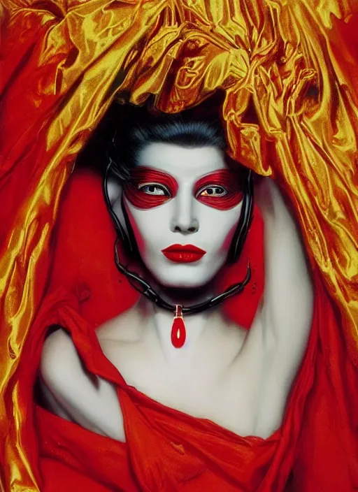 Image similar to an 8 0 s portrait of a woman with dark eye - shadow and red lips with dark slicked back hair, a mask made of wire and beads, dreaming acid - fueled hallucinations by serge lutens, rolf armstrong, delphin enjolras, peter elson, red cloth background