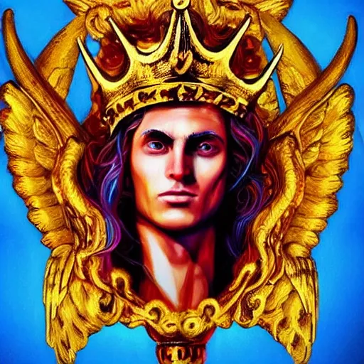 Image similar to Oil canvas of Lucifer, ruler of Inferno, capital sin of Pride, Superbia, natural blonde gold like hair, intricate sophisticated well rounded face, good bone structure, bright glowing eyes as LEDs and neon, lean body, porcelain looking skin, attractive and good looking, tall, invincible, poses triumphantly over the remains of Heaven, wearing a crown made of Michael the archangel skull, by Michelangelo, Dark Fantasy mixed with Socialist Realism, exquisite art, art-gem, dramatic representation, hyper-realistic, atmospheric scene, cinematic, trending on ArtStation, photoshopped, deep depth of field, intricate detail, finely detailed, small details, extra detail, attention to detail, detailed picture, symmetrical, 2D art, digital art, golden hour, oil painting, 8k, 4k, high resolution, unreal engine 5, octane render, arnold render, 3-point perspective, polished, complex, stunning, breathtaking, awe-inspiring, award-winning, ground breaking, concept art, nouveau painting masterpiece