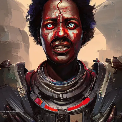 Image similar to a menacing somali space pirate with ruby eyes, Apex Legends character digital illustration portrait design, by android jones, detailed, cinematic lighting, wide angle action dynamic portrait