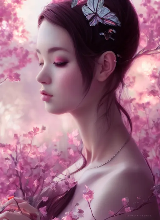 Prompt: dreamlike luxury stunning gorgeous woman fairy portrait, pale pinks and black kimono, art by artgerm, wlop, loish, ilya kuvshinov, 8 k hyperrealistic, hyperdetailed, beautiful lighting, detailed background, depth of field, symmetrical face, frostbite 3 engine, cryengine,