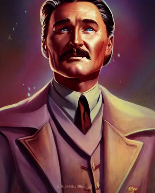 Image similar to Errol Flynn as a scientist. 1980s dystopian Soviet Russia, propaganda screens. Unreal engine, fantasy art by Loish. Faithfully depicted facial expression, perfect anatomy global illumination, radiant light, detailed and intricate environment