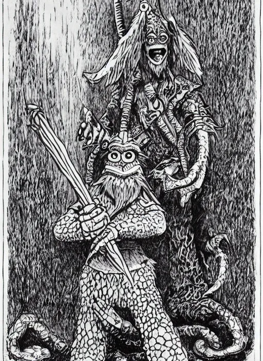 Image similar to a muppet as a D&D monster, full body, pen-and-ink illustration, etching, by Russ Nicholson, DAvid A Trampier, larry elmore, 1981, HQ scan, intricate details, Monster Manula, Fiend Folio