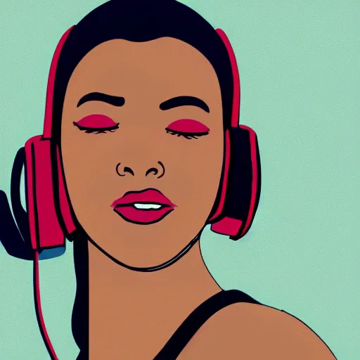 Image similar to a realism illustration of a beautiful woman with headphones dancing