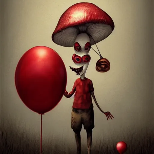 Image similar to surrealism grunge cartoon portrait sketch of a mushroom man with a wide smile and a red balloon by - michael karcz, loony toons style, pennywise style, horror theme, detailed, elegant, intricate