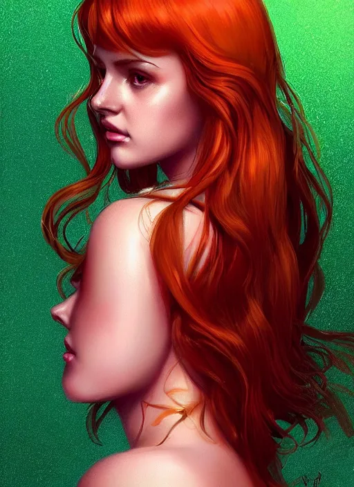 Image similar to full body portrait of teenage cheryl blossom, bangs, green eyes, mischievous expression, red hair, sultry smirk, bangs and wavy hair, intricate, elegant, glowing lights, highly detailed, digital painting, artstation, concept art, smooth, sharp focus, illustration, art by wlop, mars ravelo and greg rutkowski