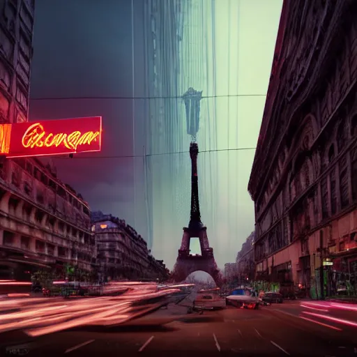 Image similar to A beautiful intricate 8K award-winning ground-level cinematic movie photograph of the future fallen and decaying Eiffel Tower, surrounded by neon and collapsing corporate video billboard displays. in the year 2050, by Bruno Delbonnel and greg rutkowski. octane render, Arri Alexa 65. Cinematic lighting