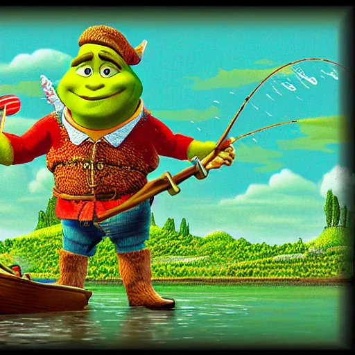 Image similar to 6 0 0 px by 6 0 0 px. expensive pixel work, dithered masterpiece, pixel art shrek fishing on a sailboat