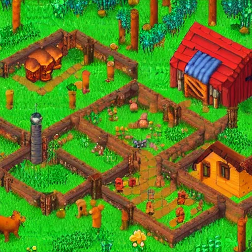 Prompt: an isometric render of a village, farm game, medieval, forest, stardew valley