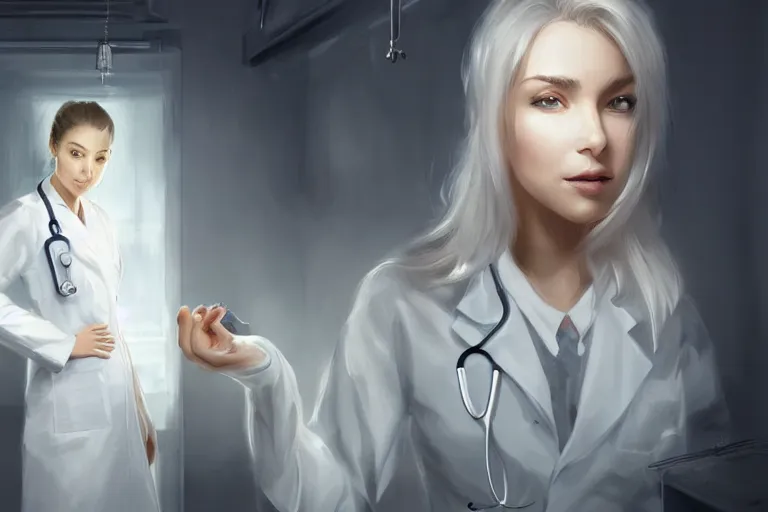 Image similar to a full portrait of an elegant and beautiful female doctor in a white coat in a hospital ward, cinematic, highly detailed, digital painting, artstation, concept art, matte, sharp focus, illustration, art by artgerm and greg rutkowski