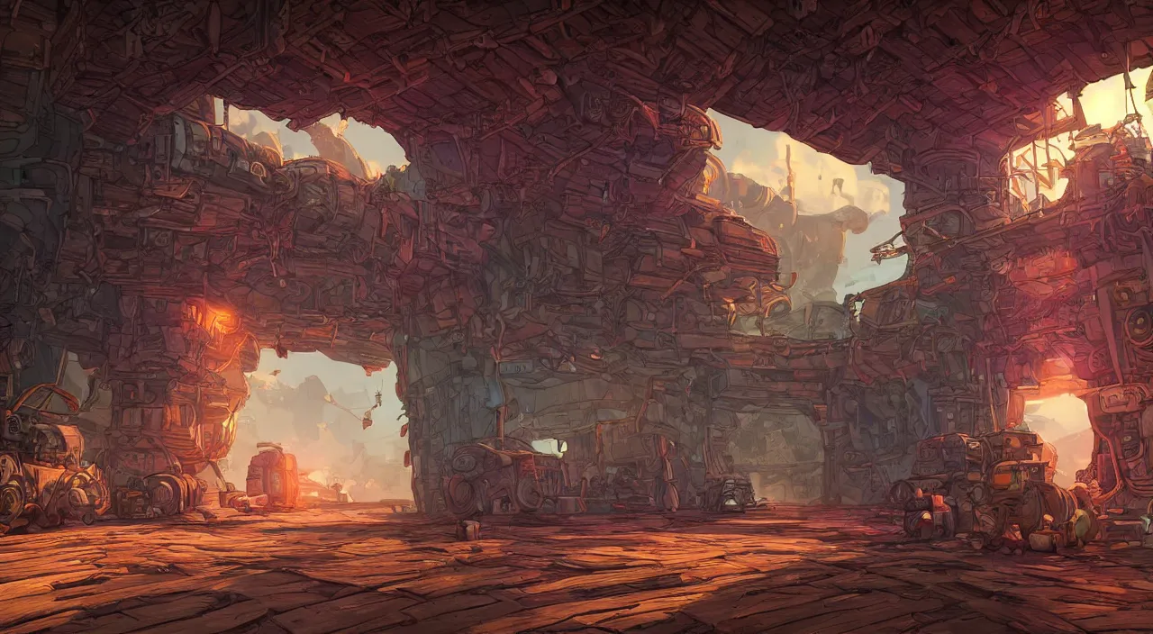 Image similar to open door wood wall fortress airship greeble block amazon jungle on portal unknow world ambiant fornite colorful radiating a glowing aura global illumination ray tracing hdr that looks like it is from borderlands and by feng zhu and loish and laurie greasley, victo ngai, andreas rocha, john harris