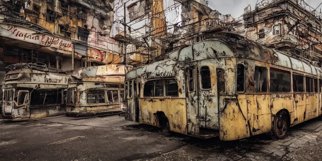 Prompt: low wide angle shot of dilapidated fallout 5 europa, retro futuristic overgrown euro cityscapes, desolate, dilapidated neon signs, few rusted retro futuristic vintage parked vehicles like cars, buses, trucks, trams, volumetric lighting, photorealistic, daytime, spring, clear weather, sharp focus, ultra detailed, 3 5 0 0 k