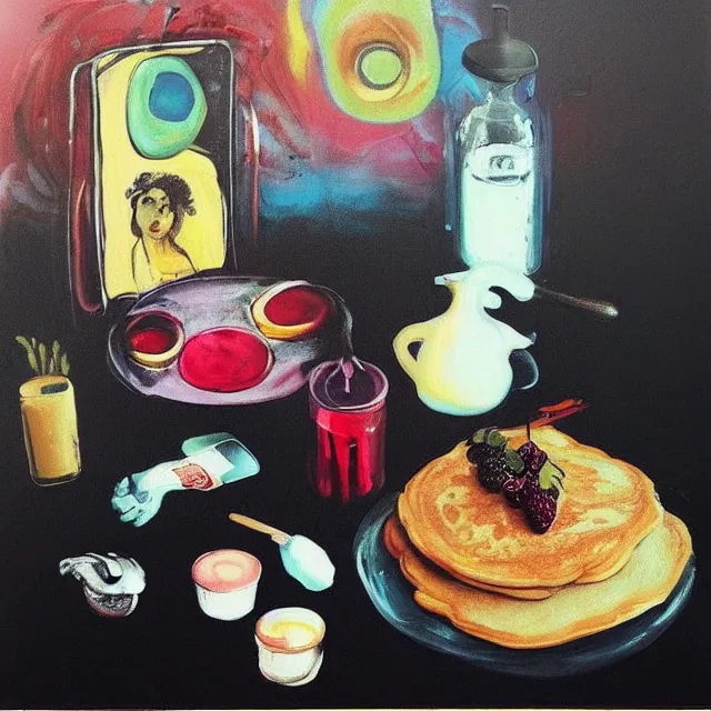 Image similar to “ sensual, neo - expressionism, surrealism, a portrait in a female art student ’ s apartment, pancakes, mushrooms,, art supplies, a candle dripping white wax, berry juice drips, acrylic and spray paint and oilstick on canvas ”