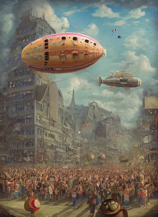 Image similar to wide - angle portrait of tin toy airship parade, depth of field, zeiss lens, detailed, symmetrical, centered, fashion photoshoot, by nicoletta ceccoli, mark ryden, lostfish, earl nore, hyung tae, frank frazetta, breathtaking, 8 k resolution, extremely detailed, beautiful, establishing shot, artistic, hyperrealistic, octane render