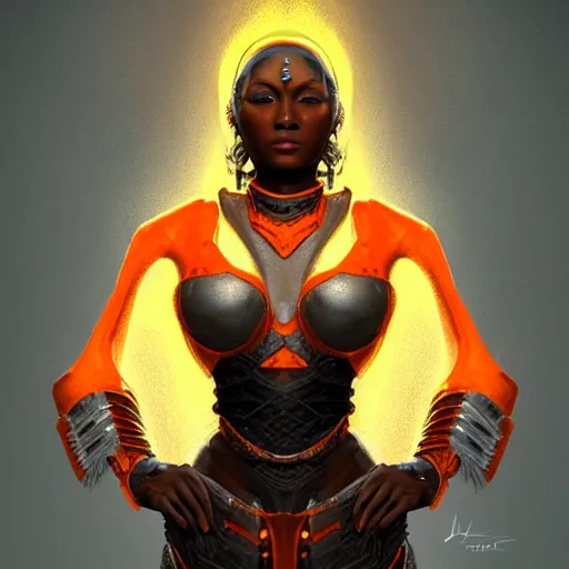 Prompt: beautiful portrait of an african american woman with an orange glow on her face medieval metallic knight armor, artstation, cgsociety, masterpiece, dark fantasy