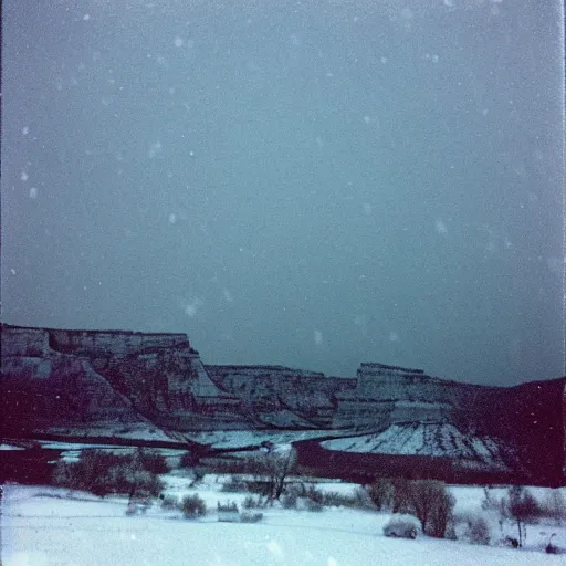 Prompt: photo, green river wyoming, snowstorm, kodak ektachrome 1 2 0,