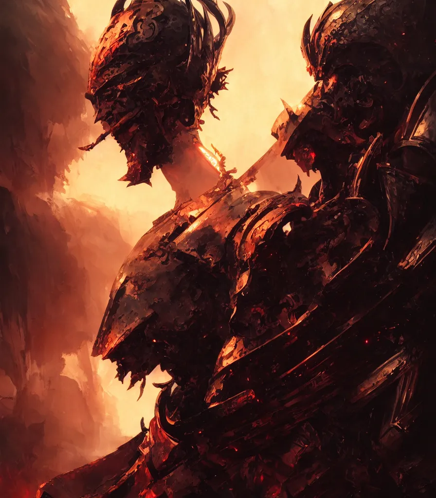 Image similar to a hellish knight paladin, black armor, flowing backlit hair, beautifully designed character, award winning collaborative painting by geg ruthowski, alphonse murac, craig mullins, ruan jia, wlop, yoji shinkawa, collaborative artwork, exquisitely high quality and detailed