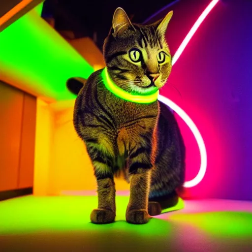 Prompt: professional photo of a cat wearing neon rave outfit