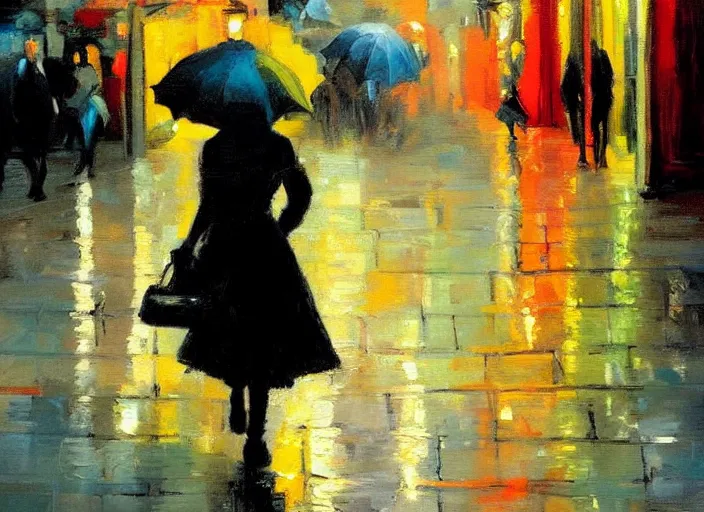 Prompt: evening city scene with medium height young woman with umbrella. beautiful use of light and shadow to create a sense of depth and movement. using energetic brushwork and a limited color palette, providing a distinctive look and expressive quality in a rhythmic composition