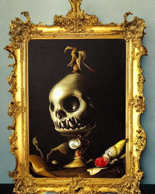 Image similar to refined gorgeous blended oil painting with black background by christian rex van minnen rachel ruysch dali todd schorr of a chiaroscuro portrait of spongebob squarepants dutch golden age vanitas intense chiaroscuro cast shadows obscuring features dramatic lighting perfect symmetry perfect composition masterpiece