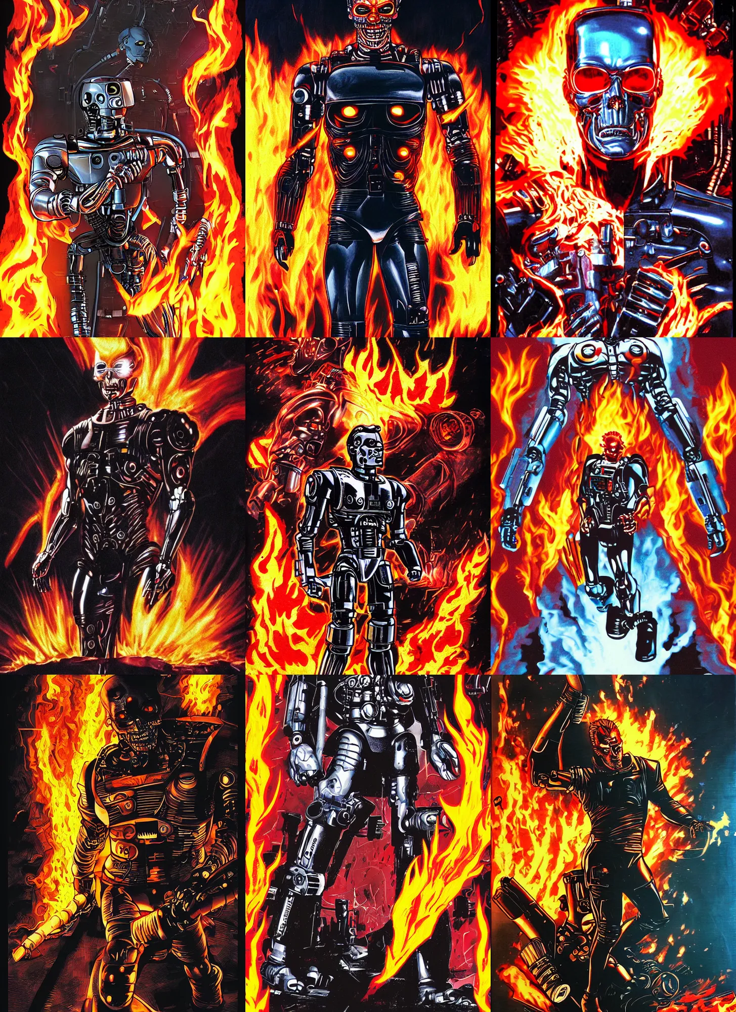 Prompt: comic book panel of the terminator android surrounded by flames by gabz, movie poster