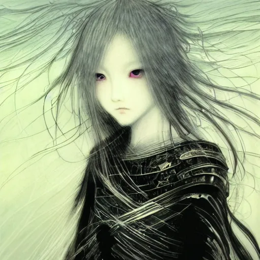 Image similar to Yoshitaka Amano blurred and dreamy illustration of an anime girl with wavy white hair and cracks on her face wearing Elden ring armour with the cape fluttering in the wind, abstract black and white patterns on the background, noisy film grain effect, highly detailed, Renaissance oil painting, weird portrait angle