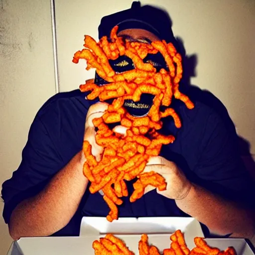 Image similar to “MF DOOM eating Cheetos, Fritos, and Doritos”