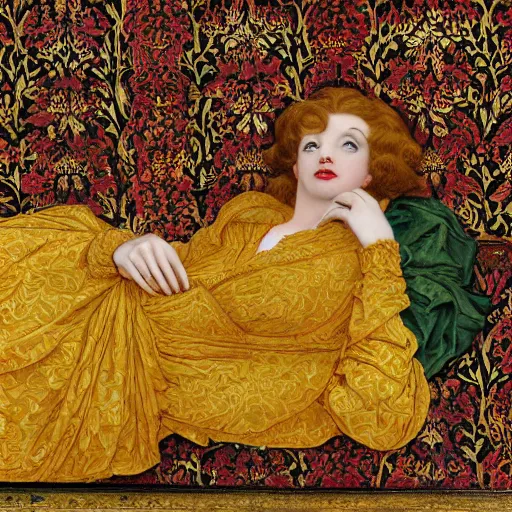 Image similar to preraphaelite photography reclining on bed, a hybrid of judy garland and lady gaga, aged 2 5, big brown fringe, yellow ochre ornate medieval dress, william morris, 4 k