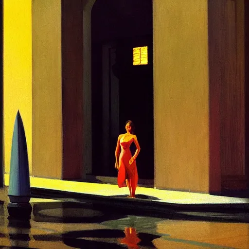 Image similar to action moment, beautiful woman portrait, courtyard, capital, cybermosque interior, control panel, watcher, omniscient, tech noir, wet reflections, impressionism, matte painting, speed painting, edward hopper, syd mead