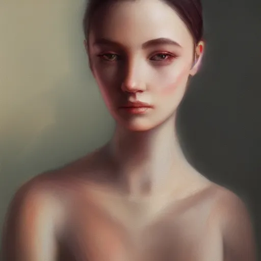 Image similar to a beautiful woman, aesthetic, oil painting, pale colors, high detail, 8 k, wide angle, octane render, trending on artstation,