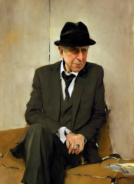 Image similar to Leonard Cohen, wearing a trilby hat, portrait by John Singer Sargent, by Frank McCarthy, by Robert McGinnis