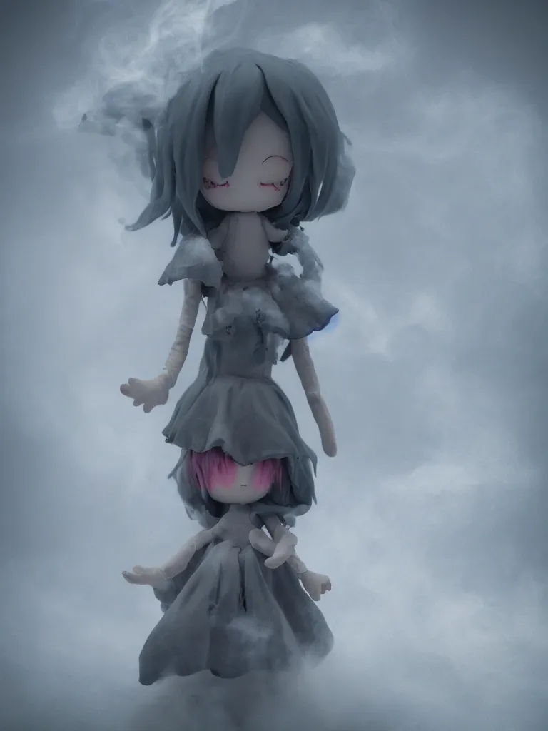 Prompt: cute fumo plush of a cursed frail witch girl held in the arms of a ghost, melting volumetric smoke and fog, environment map pbr reflective stormy water, goth, vignette, vray