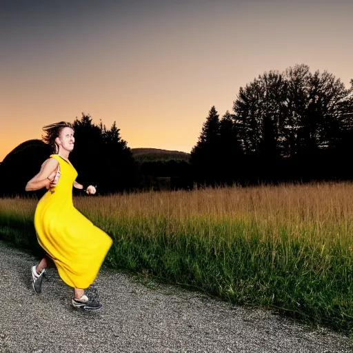 Prompt: a woman running at night in a yellow dress in the center of the frame sideways, dark hair, a barn, bushes and trees in the background, realistic photo, 4K, 35 mm