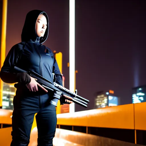 Prompt: photographic portrait of a techwear woman holding a shotgun, holding gun down, closeup, on the rooftop of a futuristic city at night, sigma 85mm f/1.4, 4k, depth of field, high resolution, full color, award winning photography, Kill Bill, John Wick, Die Hard, movies with guns, movie firearms