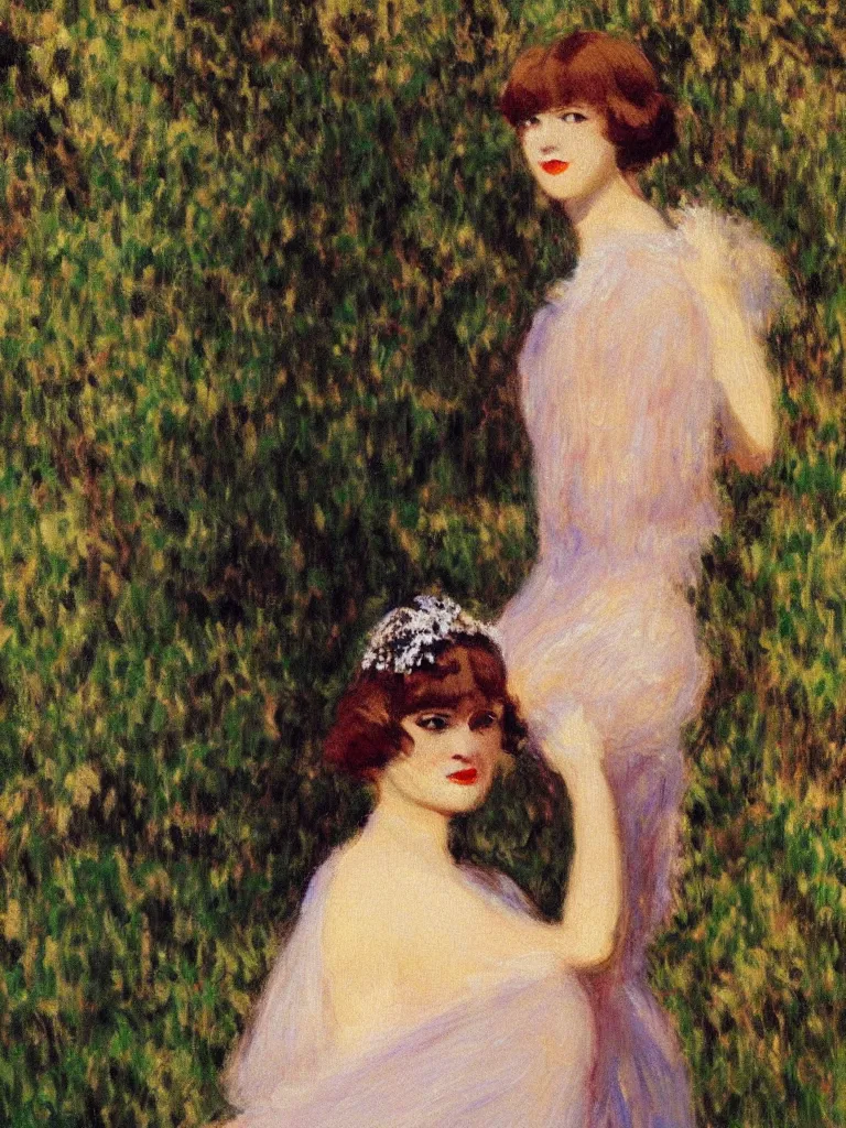 Image similar to portrait of < zelda fitzgerald > as a beautiful young lady wearing 1 9 2 0 s fashion, blurry face, brown hair, slim, fair, severe out of focus, depth of field, pleinairism, in the sun, backlit, closeup, oil on canvas, atr by monet, in the style of le promenade, smooth, impressionnisme, 8 k