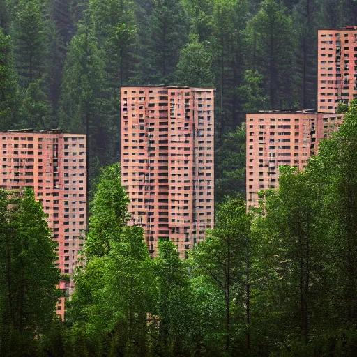 Image similar to national geographic photo of cute soviet block of flats in forest by ivan shishkin, bokeh