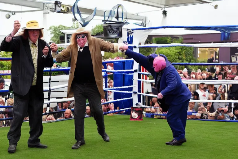 Image similar to michael fish vs john mccririck in a boxing match, in the middle of a paddock