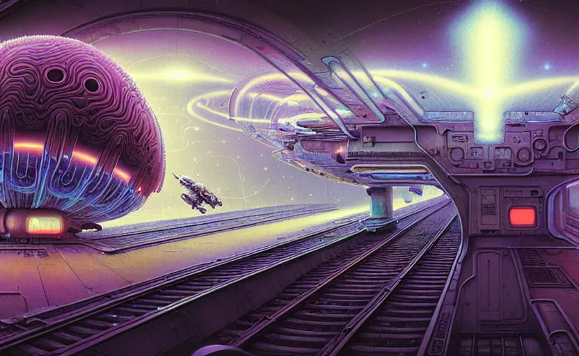 Image similar to urban train design only! 2 0 5 0 s retro future art 1 9 7 0 s science fiction borders lines decorations space machine, mech, robot. muted colors. by jean - baptiste monge, ralph mcquarrie, marc simonetti, 1 6 6 7. mandelbulb 3 d, fractal flame, jelly fish, coral, cinematic lightning