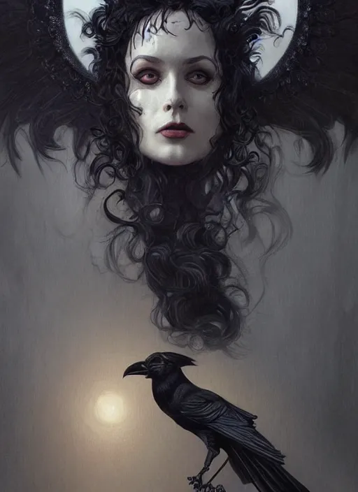 Image similar to portrait of a goth god and black raven by Neil Gaiman, intricate, elegant, highly detailed, digital painting, artstation, concept art, smooth, sharp focus, illustration, art by artgerm and greg rutkowski and alphonse mucha and francisco goya