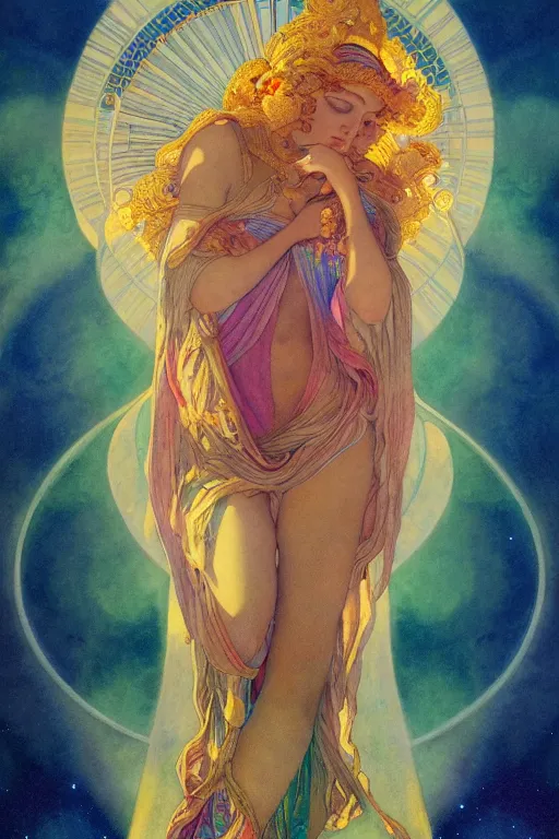 Image similar to beautiful goddess of space and dreams by maxfield parrish and artgerm, mandala, coherent design, perfect symmetry, vivid colors, digital watercolor ink illustration painting, complementary color, golden ratio, detailed, sharp lines, sharp focus, intricate, rainbowshift, gustave dore, alphonse mucha, octane render